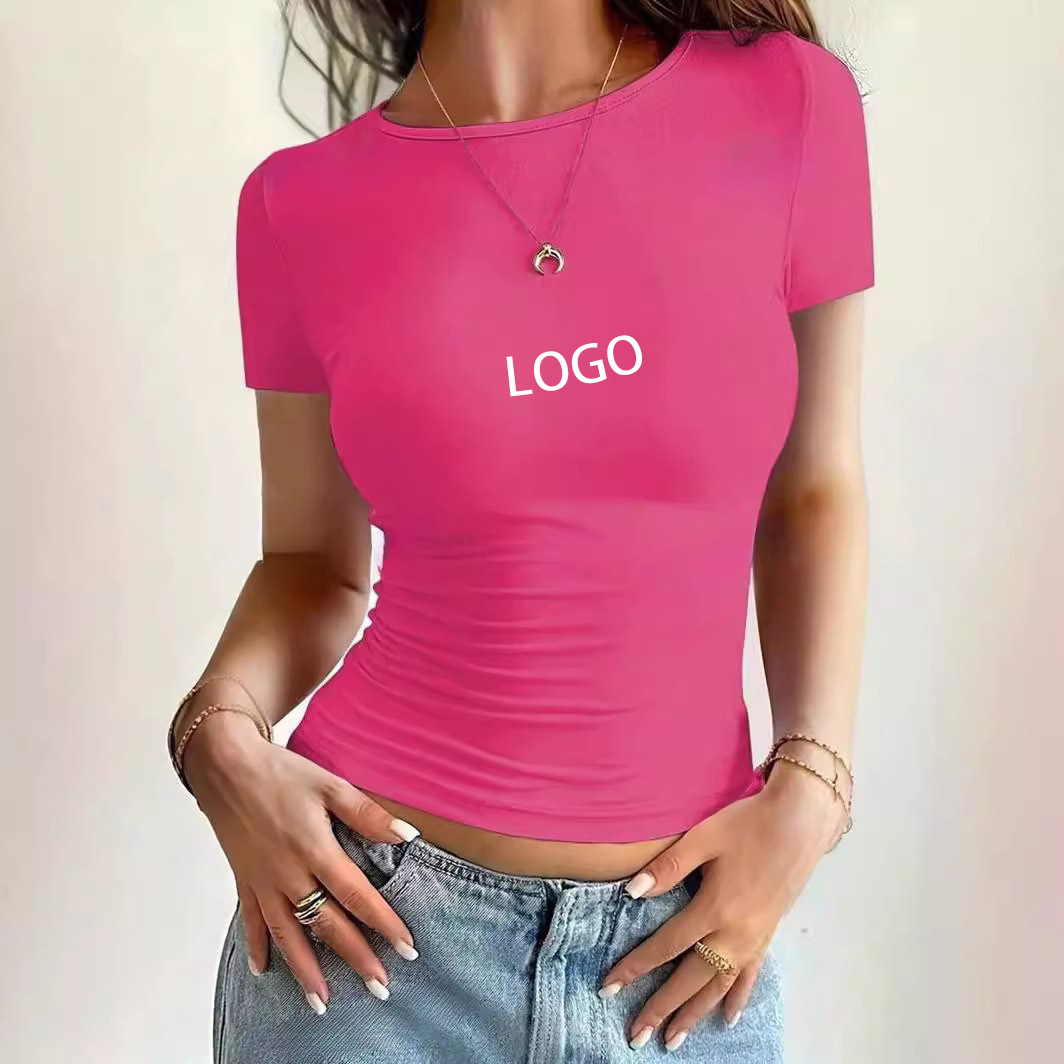 Summer Slim Fit Casual T-Shirt Round Neck Short Sleeved in Spandex Comfortable Short Length Top
