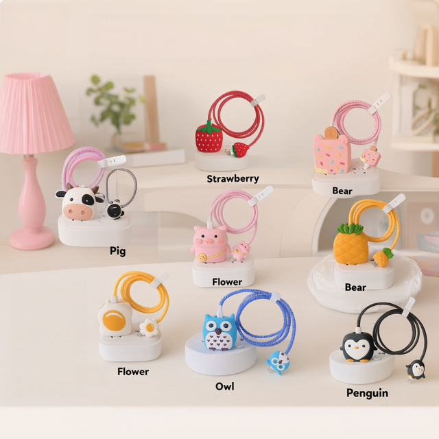 4 in 1 for iPhone 18W 20W Fast Charging 3D Cute Cartoon Silicone Cable Protector US  EU Head Adapter case Cover Charger Cable