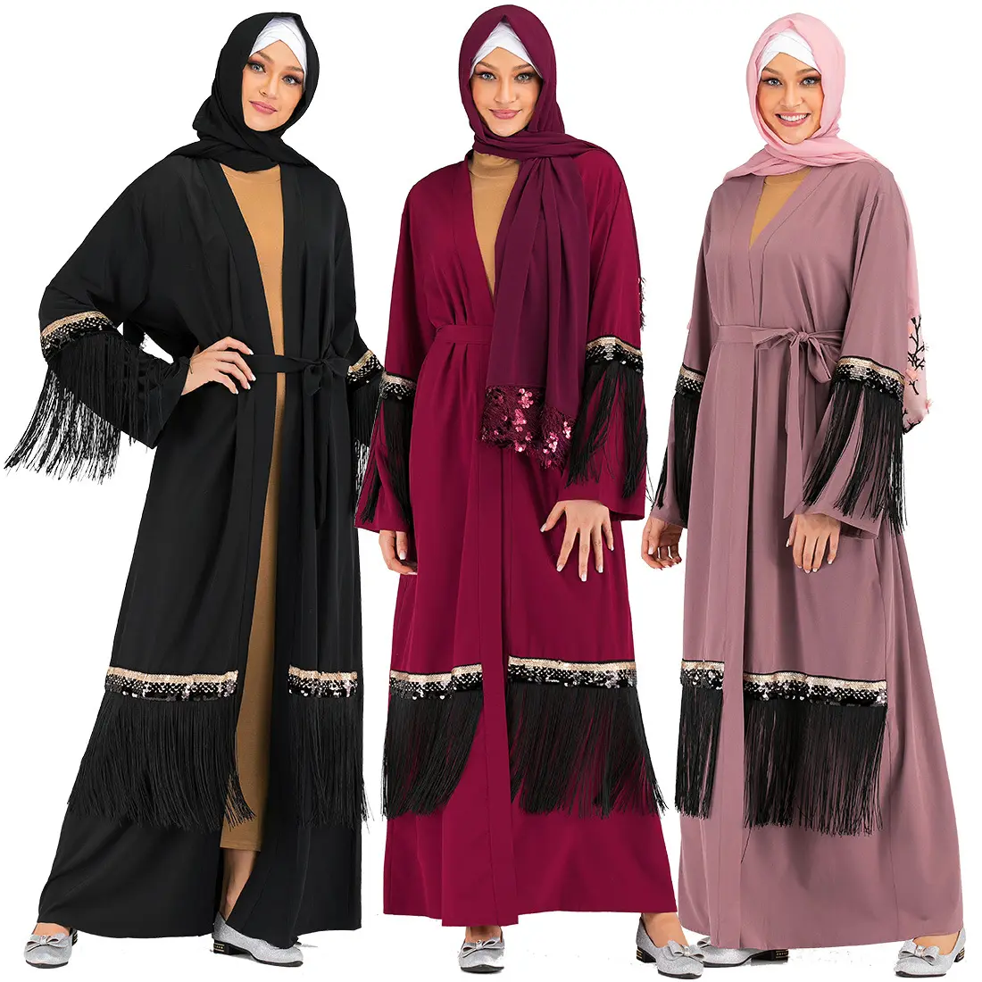 La migliore vendita di lusso di fascia alta Abaya moda turca paillettes Cardigan Abaya con frange al di fuori delle donne Abaya