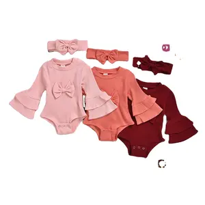 Cotton Ruffle Long sleeves plain onesie baby clothes ribbed Knit Rib romper baby girl with headband ribbed bodysuit