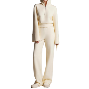 Women's 2-Piece <b>Knitted</b> <b>Set</b> Cream Zipper Top Wide Leg Pants Loose Fit All Seasons Minimalist Style - Product Image 1