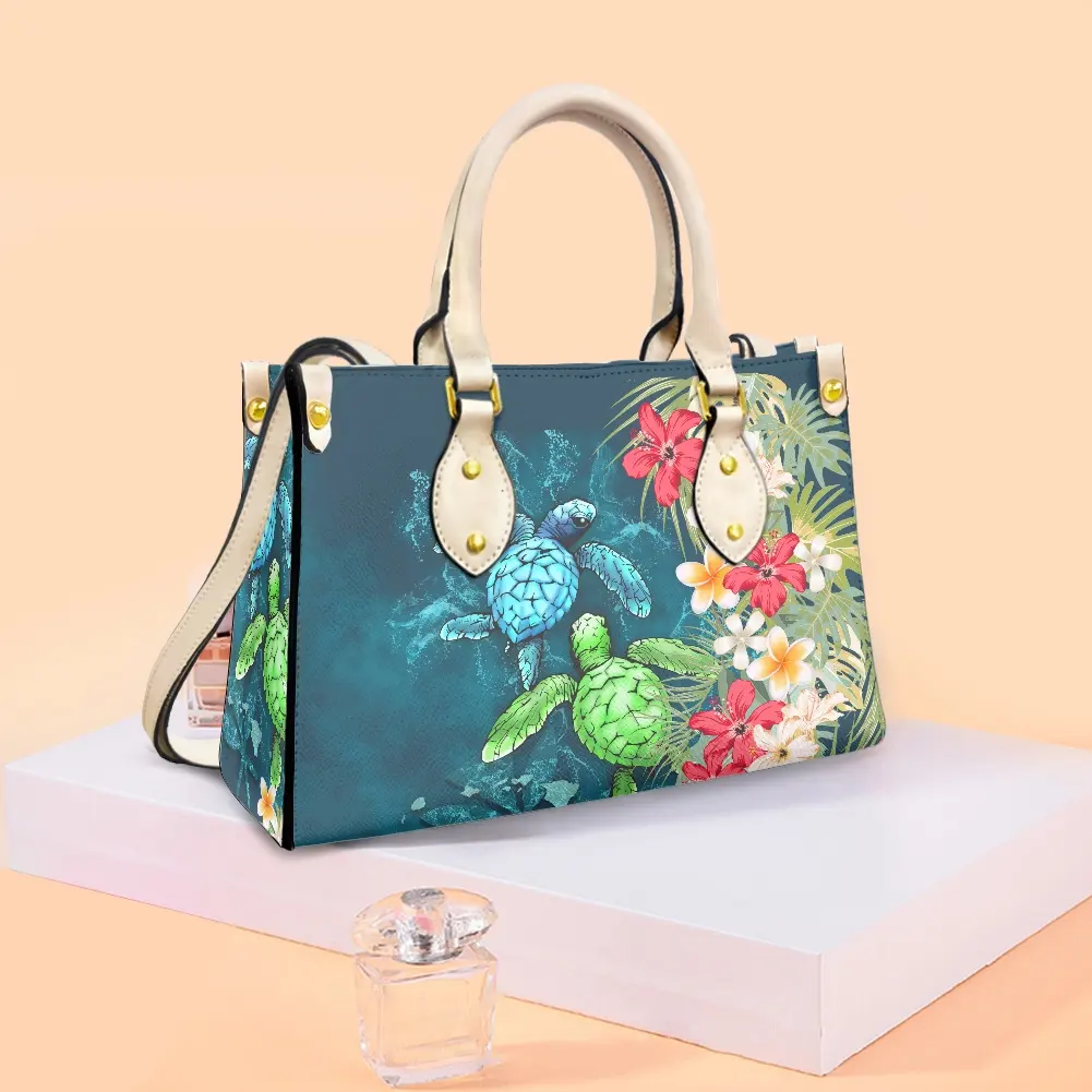2021 작은 핸드백 Kosrae 폴리네시아 블루 그린 거북이 꽃 부족 흰색 핸드백 Pu 가죽 여성 럭셔리 가죽 디자인