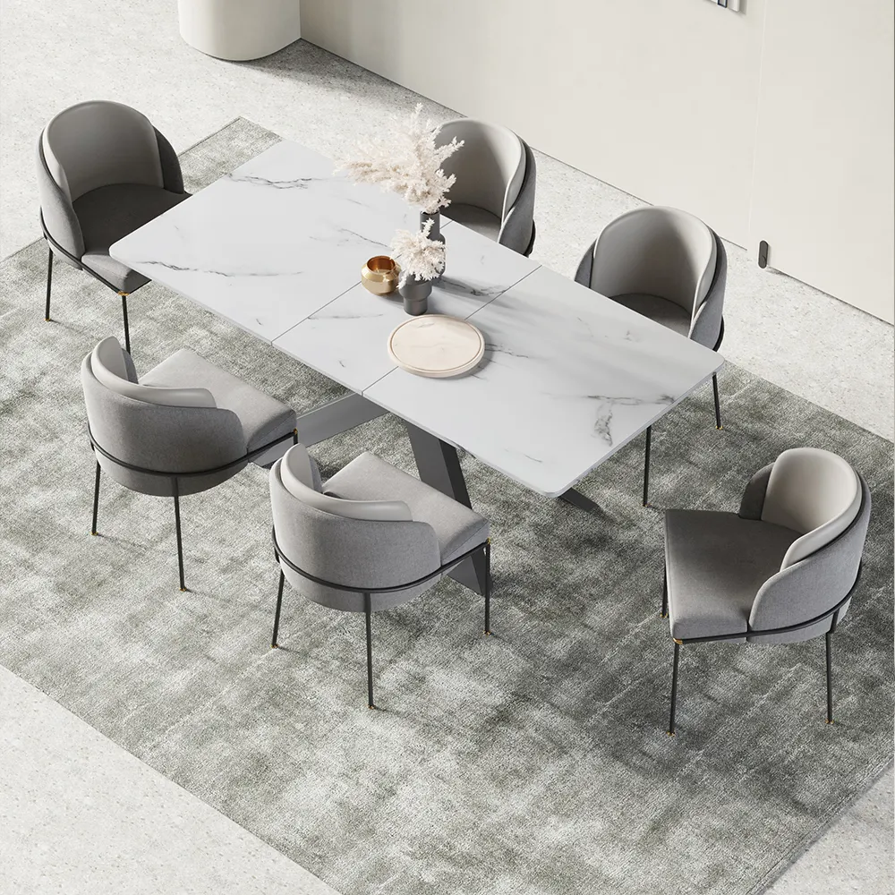 Juego de mesa de comedor de mármol expandible, muebles cuadrados y rectangulares de diseño moderno nórdico de lujo, 4 asientos, 6 sillas