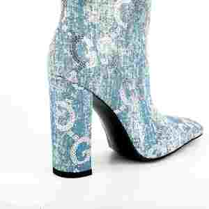 รองเท้าบูทยาวถึงเข่างานเย็บปะติดผ้ายีนส์กันน้ำได้สำหรับฤดูใบไม้ร่วงฤดูหนาว2024ปักเลื่อมส้นหนาและอบอุ่นสำหรับช้อปปิ้งกลางแจ้ง - Product Image 3