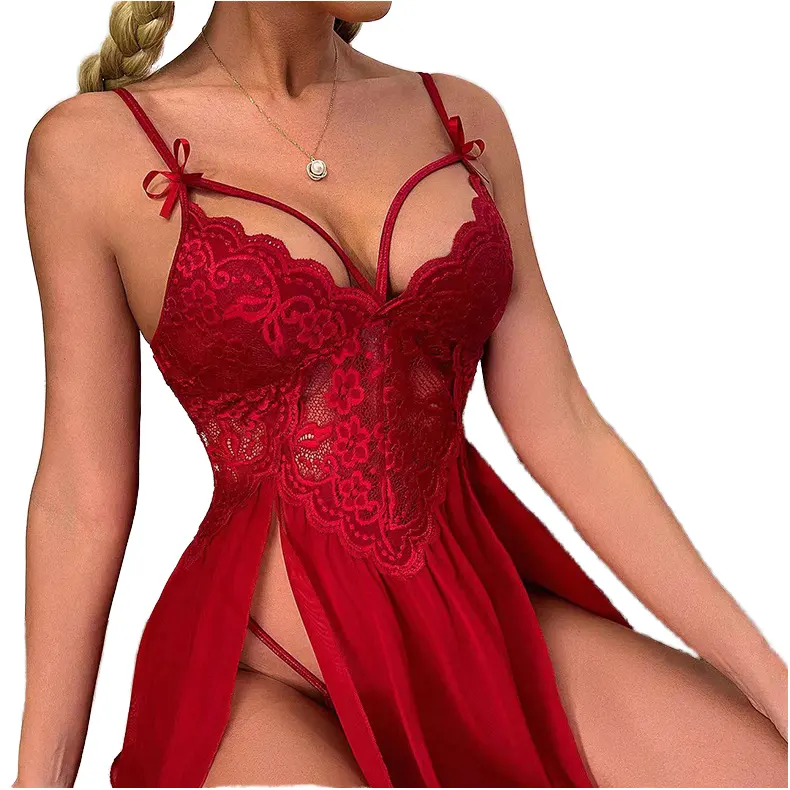 Lady Perspective Robe de nuit d'été pour femmes Maille transparente Dentelle Creuse Lingerie sexy