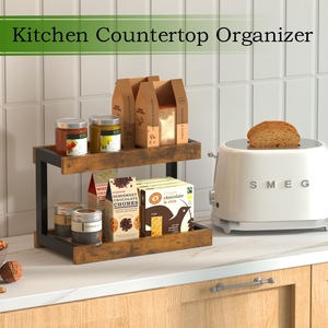 Estante de almacenamiento de doble capa de hierro y madera, organizador de cocina de 2 niveles, color marrón oscuro, para utensilios, barra de café, toallas de baño - Product Image 2
