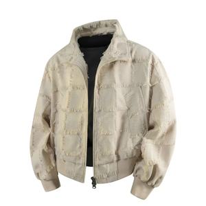 Men Beige Fringed Patchwork <b>Zip</b>-<b>Up</b> <b>Jacket</b>, Casual Loose-Fit Male Outerwear with Stand Collar & Long Sleeves <b>Jacket</b> Manufacturer - Product Image 1