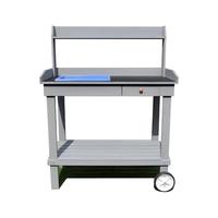 Banc de jardinage mobile en bois avec tiroir, roulettes et plateau de plantation, poste de travail extérieur pour la plantation avec étagère de rangement