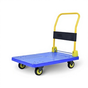 Blue Foldable Plastic Platform <b>Hand</b> <b>Cart</b> with Four Wheels and Yellow Handle - Product Image 1