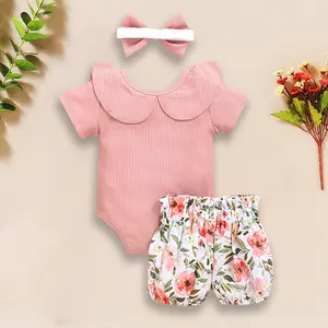 Knitted Baby Clothes Newborn Romper Set For Girls Flutter Sleeve Tops Floral Shorts Headband M2024