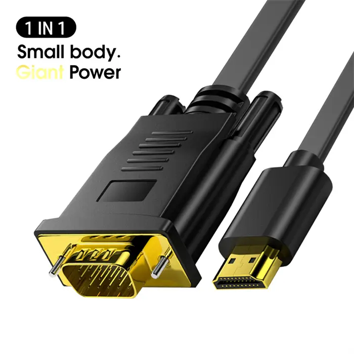 Câble HDMI vers VGA plaqué or (mâle à mâle) Compatible pour ordinateur Câble plat VGA vers HDMI 4k