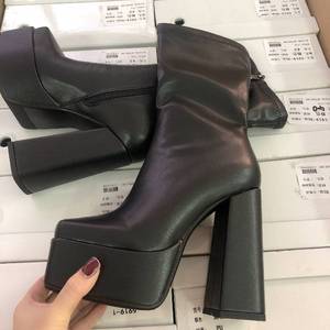 Bottes pour femme à bout carré, avec fermeture éclair latérale, hauteur cheville, plateforme épaisse de luxe - Product Image 5