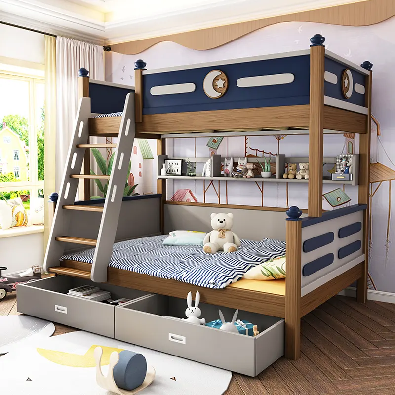 Cama de madeira para crianças, cama de madeira azul tripla para meninos