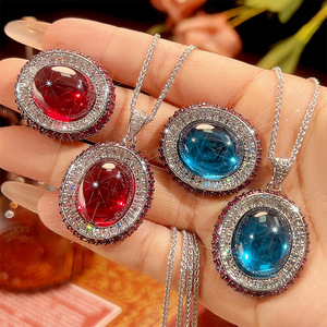9 Wholesale Vintage Copper Jewelry Smooth 15*18mm Oval Cut Cubic Zirconia Pendant Necklace And Rings <b>Set</b> For Women - Product Image 1