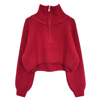 Pull à demi-fermeture éclair pour femme Style coréen Coupe ample et conception courte taille haute Automne et hiver Base tissée Haut tricoté