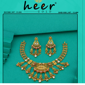 Grand traditional gold <b>necklace</b> set with intricate filigree and dangling motifs <b>statement</b> bridal jewelry with matching earrings - Product Image 2