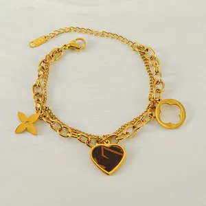 Fashionable Double-layer Chain Bracelet Heart-shaped Pendant Gold-plated Non Fading Bracelet