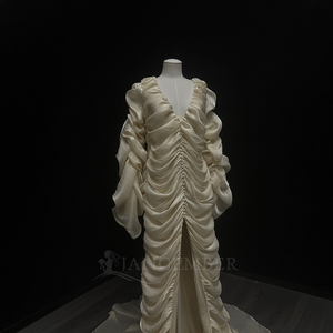 Nt150 Elegant Champagne <b>Wedding</b> Gown Draped <b>Pleated</b> Slim Fit Satin Bridal <b>Dress</b> Ruffle Sleeve Front Slit Court Train Jancember - Product Image 3