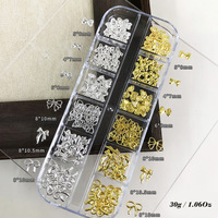 12 compartiments/boîte – Bijoux d'ongles en métal doré et argenté, diamants, multiples styles : nœuds, fleurs, cœurs, mini accessoires en alliage pour ongles