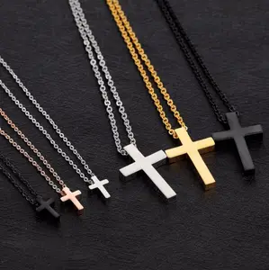 Custom Men's Stainless Steel Chain Cross Pendant Necklace Solid Polished Silver Lord's Prayer Inscription Elegant Cross Charms