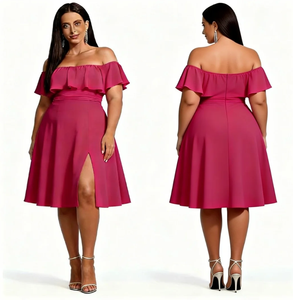<span class=keywords><strong>Vestido</strong></span> de <span class=keywords><strong>Dama</strong></span> de Honor Talla Grande, <span class=keywords><strong>Color</strong></span> <span class=keywords><strong>Magenta</strong></span>, Hombros Descubiertos, Largo hasta la Rodilla, de Chifón, Formal - Product Image 3