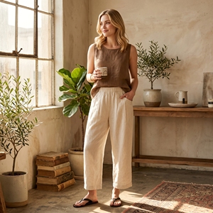 <span class=keywords><strong>Pantaloni</strong></span> Estivi in Lino Personalizzati per <span class=keywords><strong>Donna</strong></span>, Tinta Unita, Casual, Gamba Larga, Vita Elastica, Alta Qualità - Product Image 2