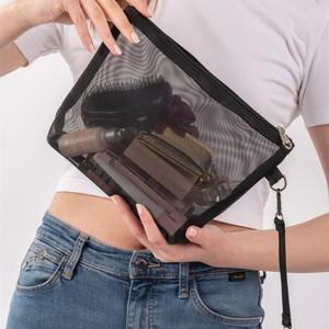 Bolsa de maquillaje de moda con cierre de cremallera negra de alta calidad con logotipo personalizado, kit de viaje grande, estética minimalista - Product Image 6