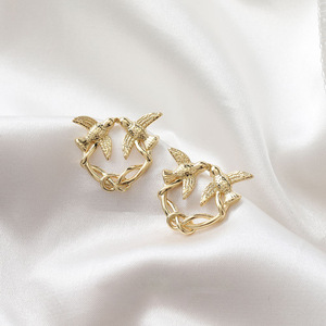 Orecchini a perno con uccelli, nuovo stile cinese, semplici, geometrici, in ottone, placcati oro, di lusso leggero - Product Image 6