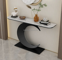Table console moderne en métal pas chère avec miroir, design demi-lune, plateau en marbre pour salon et hôtel, fabriquée en Chine