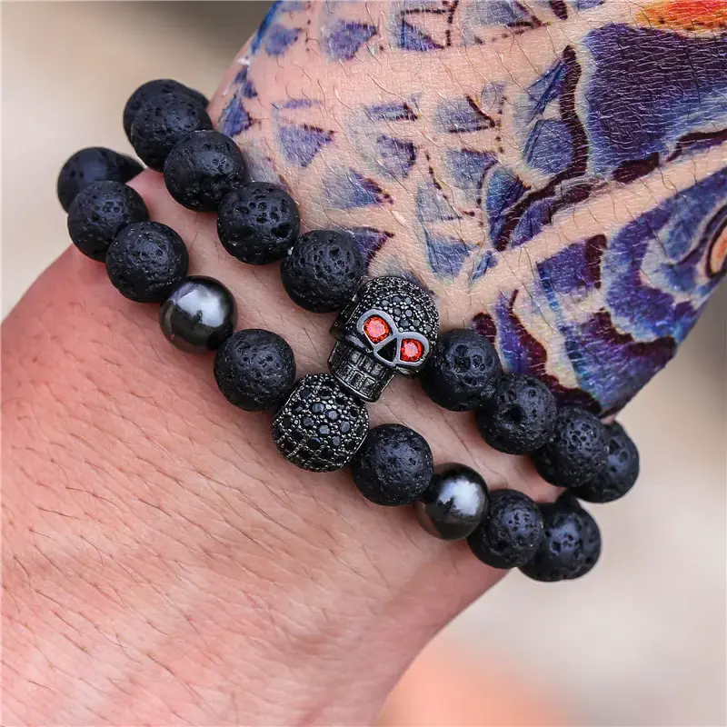 Hip Hop Mattschwarz Stein Tigerauge Naturstein Perlen CZ Intarsien Schädel Krone Charm Armband Set für Männer