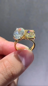 Bague de fiançailles 1CT Toi et Moi en diamant de laboratoire, taille ovale coussin, deux pierres, or jaune, bijoux fins pour femme, promesse de mariage - Product Image 4