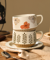Ensemble de tasses à café en céramique vintage avec soucoupes, tasses en grès à motifs floraux pour la maison, le café, l'heure du thé et les repas élégants