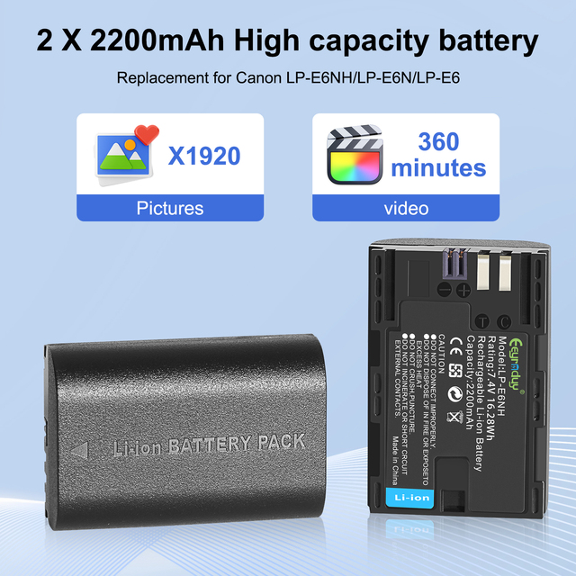 LP-E6NH 7.2V Rechargeable Lithium Replacement Camera Battery For Canon EOS R5 R6 5D4 90D 5D2 5D3 6D2 80D 7D