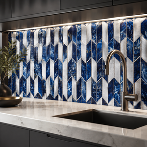 Mosaïque de verre <span class=keywords><strong>bleu</strong></span> argenté <span class=keywords><strong>Chevron</strong></span> moderne, imperméable, pour la décoration murale d'appartements, salles de bain, hôtels, bars, épaisseur 8 mm - Product Image 1