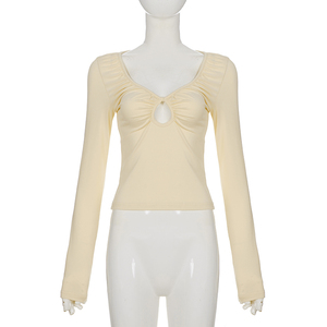 Camiseta de manga larga con cuello en V, corte sencillo y sexy, para mujer, estilo informal, ajustada, para otoño temprano - Product Image 6
