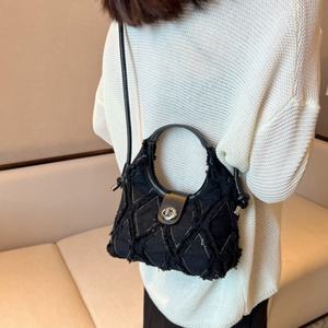 Wholesale Denim Solid Color Ruched Embroidery Cover Closure Fluffy Plush <b>Tassel</b> Hobo <b>Handbag</b> Women Shoulder Messenger Bags - Product Image 6