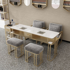 Mesa de Manicura Móvil Individual con Marco de Metal Dorado Blanco de Lujo y Sillas con Aspiradora, Diseño Moderno - Product Image 5