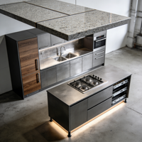 Meubles de cuisine bicolores de style transitionnel avec îlot incurvé, finition noyer et éclairage LED d'ambiance
