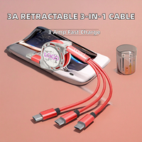 Kabel Pengisi Daya Cepat 3 in 1 Retractable 1.2m 3A Tipe-C Micro USB dengan Selubung Nilon PVC Pipih untuk Power Bank & Komputer (Grosir)