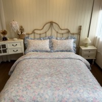 Parure de lit 3 pièces style pastoral à motif floral rose bleu, housse de couette à volants, couvre-lit doux en pur coton pour filles
