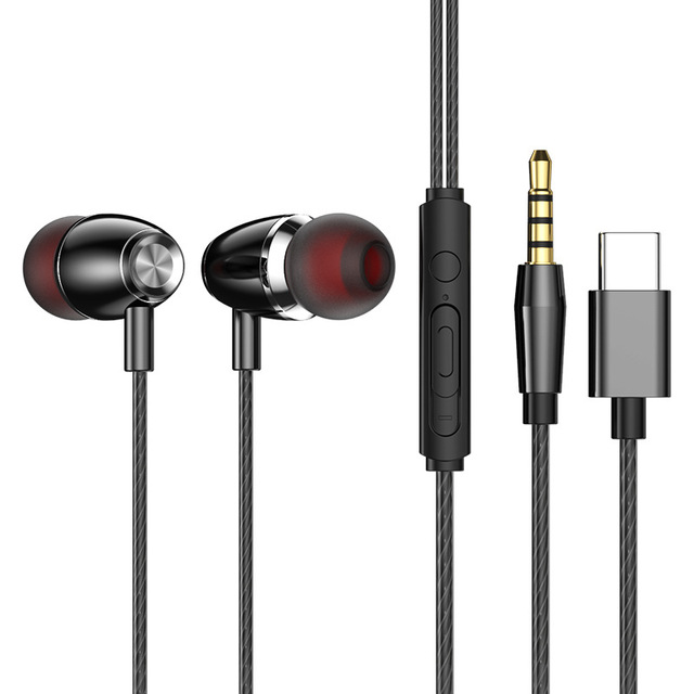 Metal Type-C 3.5mm Dynamic Driver In-ear Headphones with Wired Mic Adjustable Sound Powerful Bass