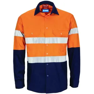 Hete Verkoop Oranje/Navy Knoop 100% Katoen Fluo Werk Shirt Voor Mannen