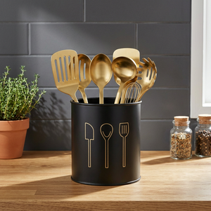 Porte-ustensiles cylindrique noir avec icônes dorées pour couverts – Support de rangement minimaliste pour cuillères, spatules et fourchettes - Product Image 4