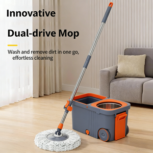 Juego de fregona giratoria de microfibra con cubo de doble accionamiento, manos libres, rotación de 360 grados, ruedas, varilla de acero inoxidable que ahorra esfuerzo - Product Image 1