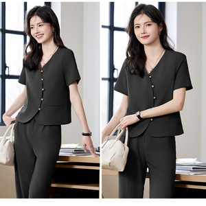 Women's <b>Suit</b> Set Short Sleeve V Neck <b>Buttoned</b> Solid Color Satin Breathable Casual Two Piece Pants Set - Product Image 3