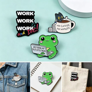 Cute Animal Metal Pins Work Work Work And Die Frog Laptop Cat <b>Coffee</b> Enamel Brooches Irregular Shape Collectible Art - Product Image 4
