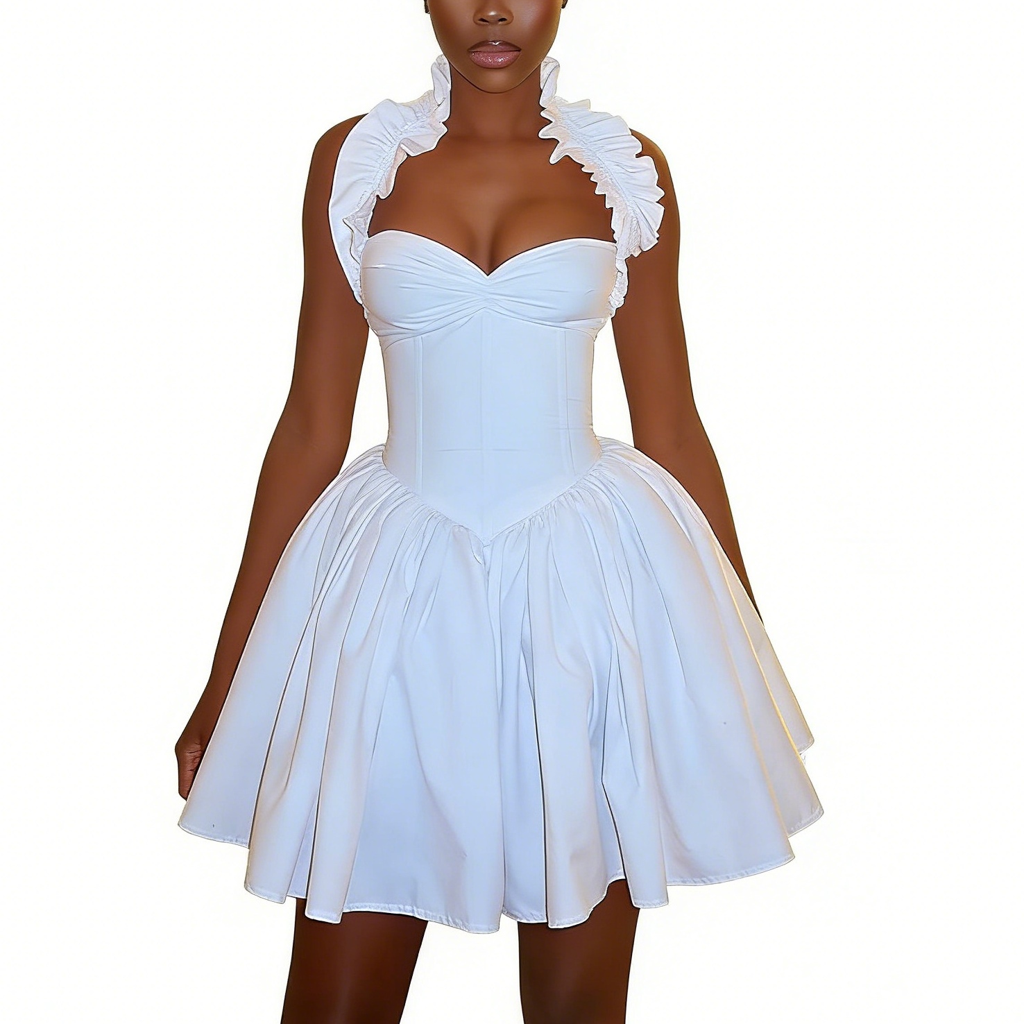 Robe D'Été Courte Bohème Col En V Volants À Lacet Robe De Plage Manches Longues Blanche