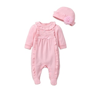 Großhandel Baby kleidung Frühling Mädchen Schuhe Jumps uit Baby Kletter anzug mit Hut Baby Girl Stram pler Set - Product Image 2