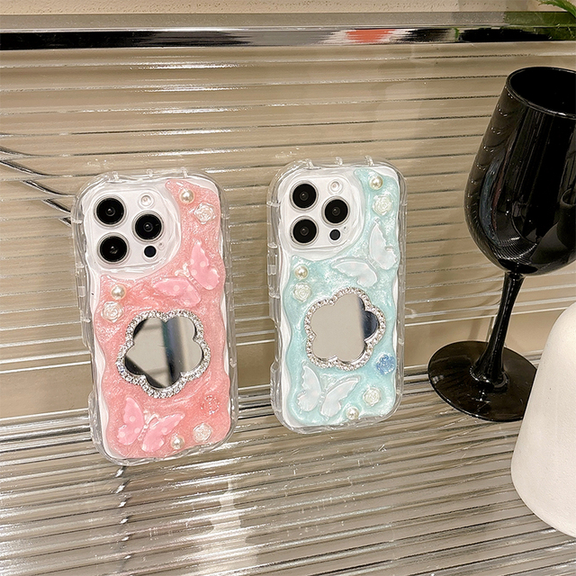 Korean Ins Style 3D Flower Mirror Butterfly Epoxy TPU Silicone Shockproof Girl's Cover Phone Case for iPhone 17 15 14 13 12 11