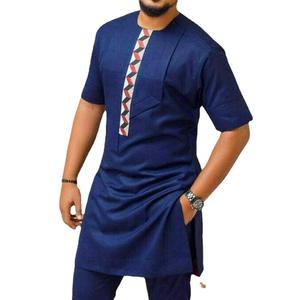 Vêtements pour hommes africains, mode <span class=keywords><strong>2022</strong></span>, <span class=keywords><strong>chemise</strong></span> longue bleue Dashiki à col carré et manches courtes, ensemble pantalon 2 pièces - Product Image 5